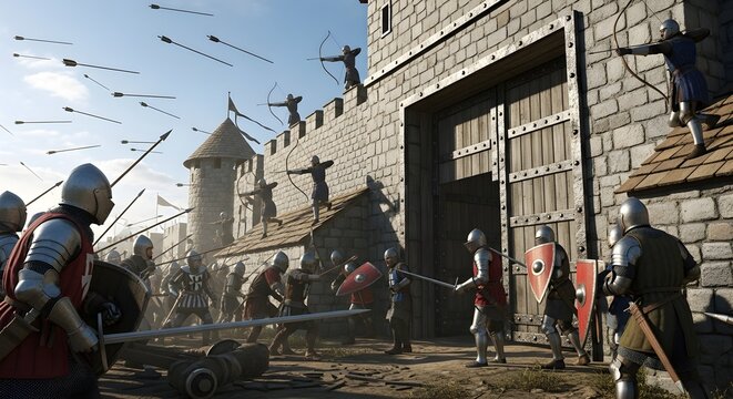 Medieval siege with archers and armored knights battling at a castle gate.
