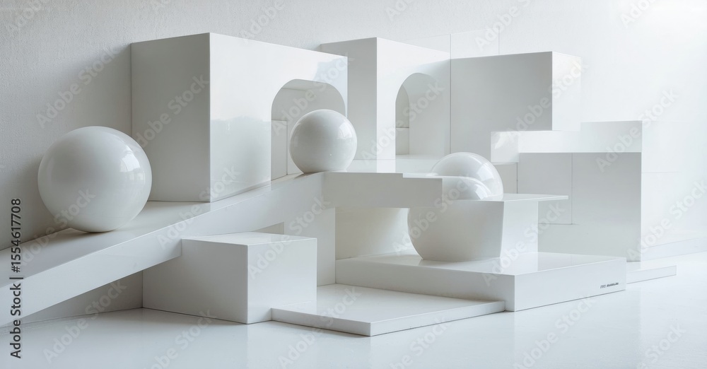 Poster minimalist composition. white geometric shapes, spheres, cubes create abstract architectural scene. 