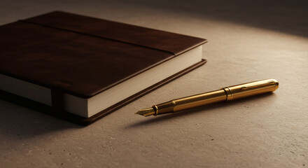 Luxurious Brown Leather Journal and Gold Fountain Pen on Desk Elegant Writing Supplies
