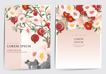  Vector Illustration template set of a Flowering and Fruiting Pomegranate Tree in Traditional Korean Minhwa Style. 