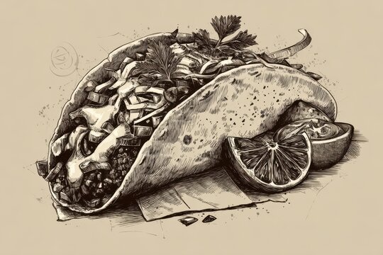 recommend clip art: Mexican Food Outline. Taco Drawing Illustration of Mexican Street Food