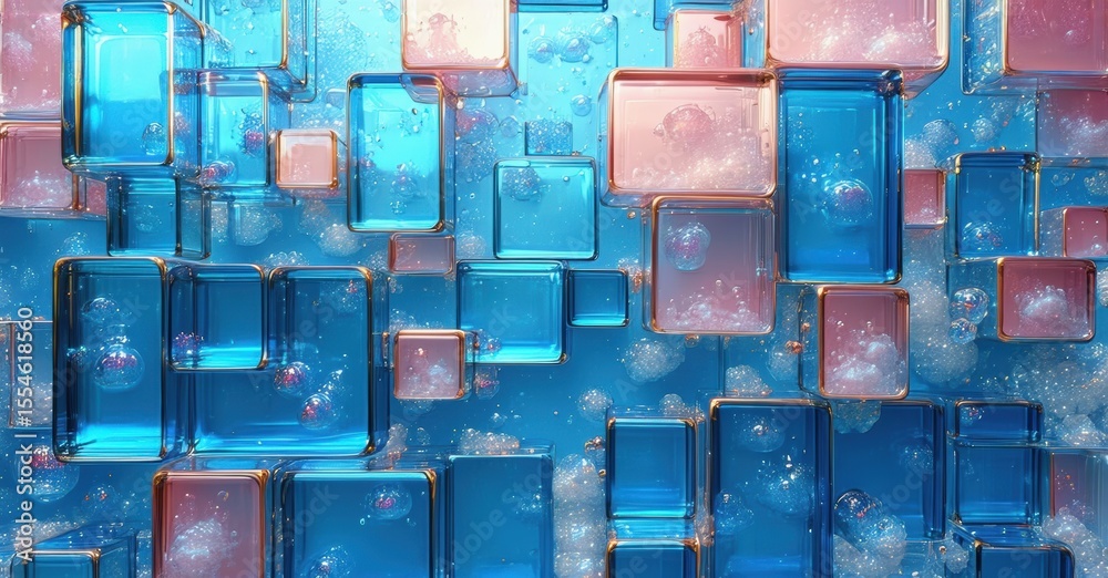Aufkleber Abstract composition featuring translucent cubes, pink and blue hues, golden outlines. Bubbles float within, creating dynamic visual texture.