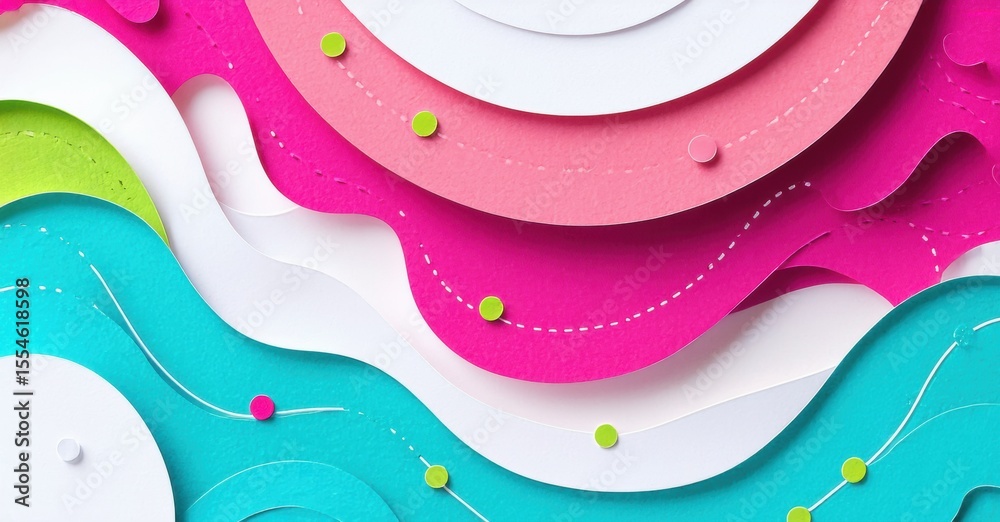 Poster abstract paper layers create flowing shapes. bright colors, pinks, blues, greens, white combine. dot