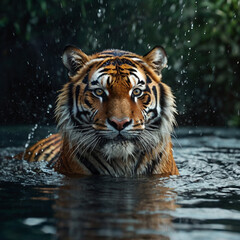 Fototapeta premium A captivating close up of a tiger in water with rain falling around it showcasing its intense gaze and striking orange and black stripes