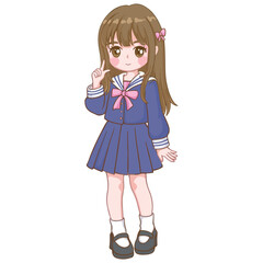 anime manga girl with blue dress and pink bow on her hair