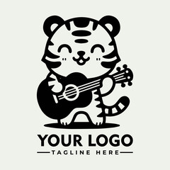 Cute tiger playing a guitar, a simple logo design.