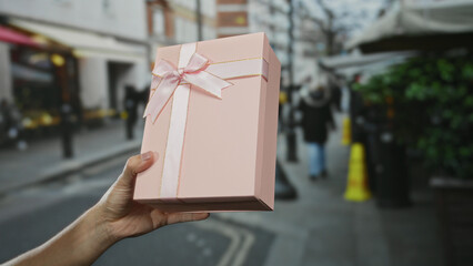 Hand holding gift box with pink ribbon on city street background, capturing outdoor ambiance and...