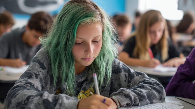 Middle School Student Writing: Teenager Learning in Class with Science Test