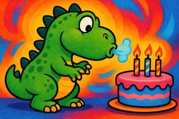 Obraz premium Green dino in party blowing out candles on colorful cake