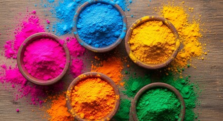 Colorful Holi Powder in Wooden Bowls Vibrant Pigment Dust Artistic Arrangement