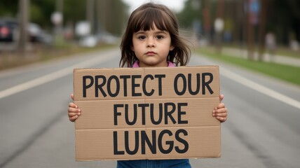 Little girl holds cardboard sign advocating for clean air on community road during local environmental rally in autumn. World Lung Cancer Day