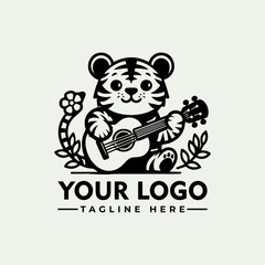 Adorable cartoon tiger playing acoustic guitar, logo design.