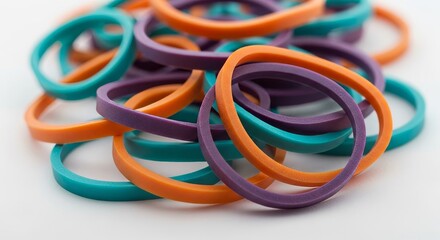 Colorful Rubber Bands in Teal Purple and Orange Scattered on White Background
