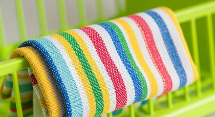 Colorful Striped Textile on Bright Green Metal Frame Closeup