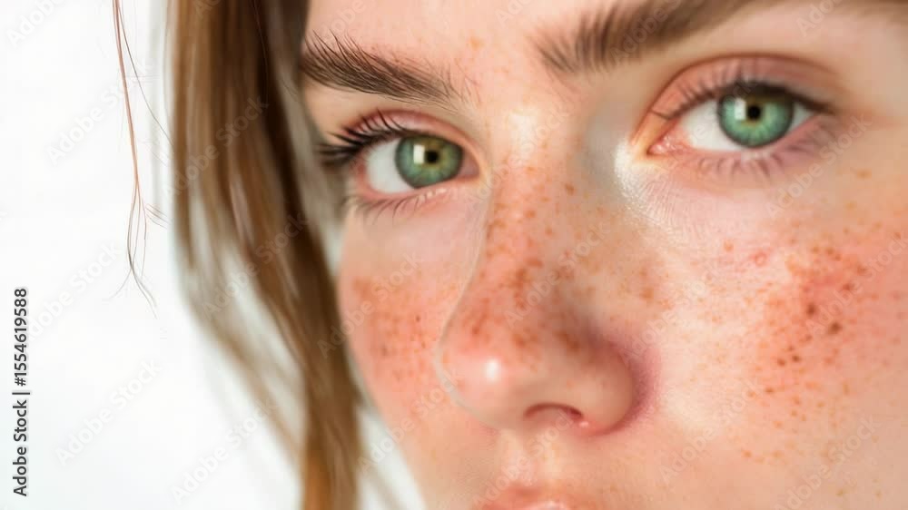 Poster a close-up of a woman's face with distinctive freckles, suitable for use in portraits or beauty-rela