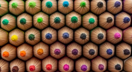 Colorful Wooden Pencil Tops Macro Photography Vibrant Color Spectrum Artistic Stationery Texture