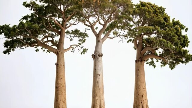 Three tall Bottle Trees stand in a row with a white background, featuring unique textured bark and green canopy of leaves.
