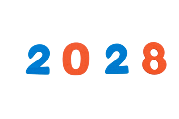 testo anno 2028 con sagoma di lettere realizzate in legno colorato isolate su sfondo bianco o trasparente