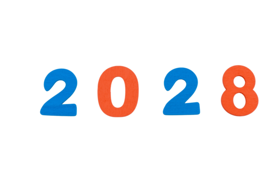 testo anno 2028 con sagoma di lettere realizzate in legno colorato isolate su sfondo bianco o trasparente