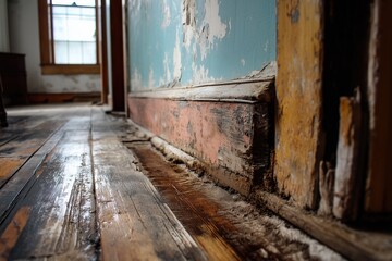 In an old house, the water damage is clear on the wood around the floor. The paint is peeling and the wood is showing. Dust and dirt are in the corners. It needs fixing.