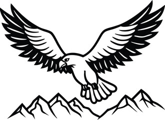 Black and White Eagle Soaring Above Mountain Peaks Bold Line Art Graphic bird mountains
