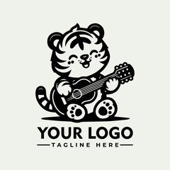 Cute cartoon tiger playing a guitar, a playful logo design.