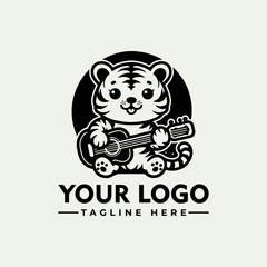 Adorable cartoon tiger playing ukulele, logo design.