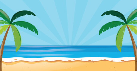 Two palm trees frame a sunny tropical beach scene with blue ocean and sky