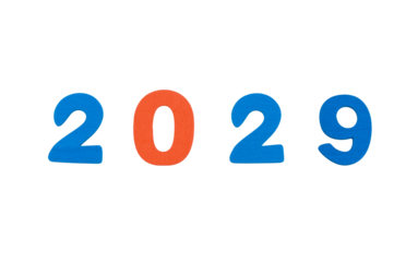 testo anno 2029 con sagoma di lettere realizzate in legno colorato isolate su sfondo bianco o trasparente