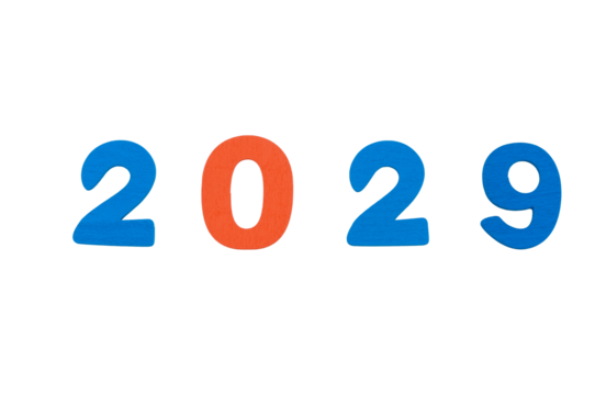 testo anno 2029 con sagoma di lettere realizzate in legno colorato isolate su sfondo bianco o trasparente