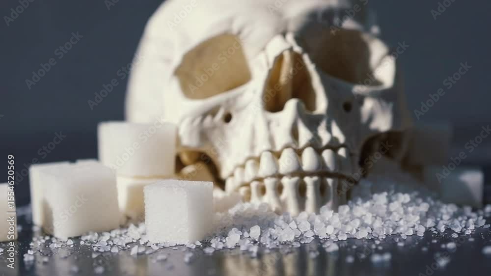 Aufkleber granulated and cube sugar forms small piles near a human skull on a reflective surface, symbolizing 