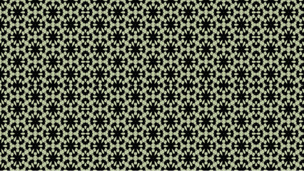 Repeating pattern of black floral shapes with light green accents in a symmetrical arrangement