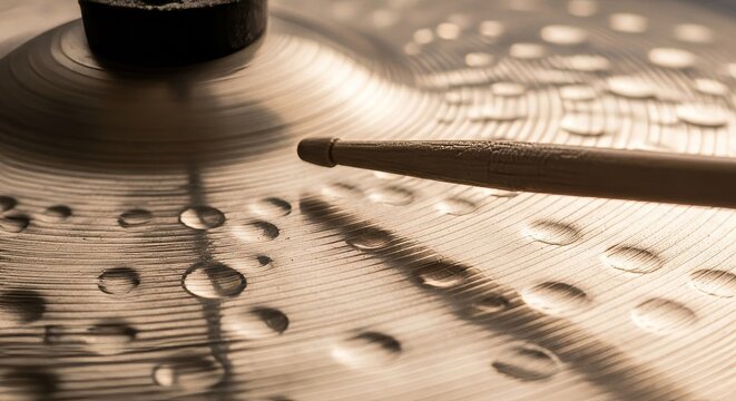Cymbal Drumstick Macro Close Up with Water Droplets in Sepia Tone - Powered by Adobe