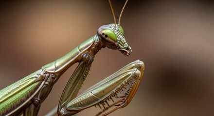 Detailed Macro Photography of Green Praying Mantis Showing Intricate Body Structure and Vibrant Coloration