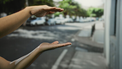 Man makes large gesture with hands in sunny city street, suggesting a size or idea with blurred urban background and trees lining busy road.