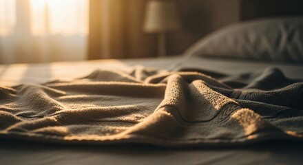 A close up of a bed with a crumpled blanket and a pillow in a softly lit bedroom setting indoors