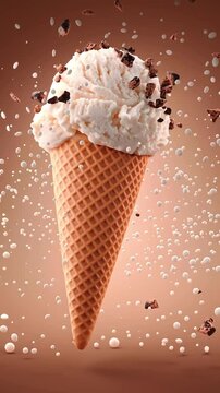 Delicious stracciatella ice cream cone sprinkled with crumbs while floating over brown background.