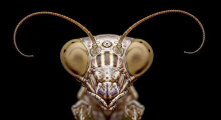 Extreme Macro Photography of Insect Head Revealing Intricate Compound Eyes and Antennae
