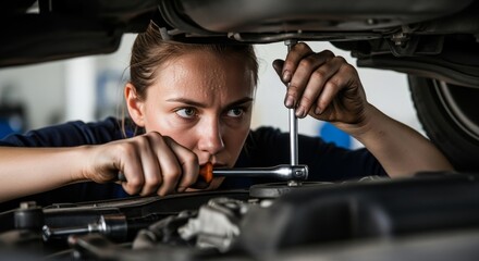 Female Mechanic Repairing Car Undercarriage with Focused Precision in Auto Workshop