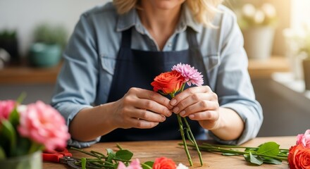 Florist Creating Beautiful Flower Arrangement with Red Roses and Pink Chrysanthemum
