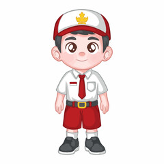 Boy in indonesian elementary school isolated on white background. Vector cartoon illustration.
