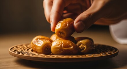 Fresh Dates Fruit on Decorative Wooden Plate with Hand Picking a Date