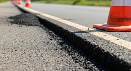 Fresh Asphalt Road Repair with Orange Safety Cone Construction Site Detail