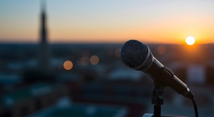 Close-Up of Microphone on Stand at Sunset with Cityscape in Background