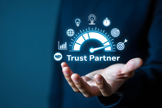 Businessman's Hand Presenting Trust Partner Concept: Modern Speedometer, Goals, and Growth Metrics.
