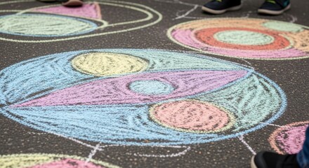 Colorful Chalk Drawing of Interconnected Circular Shapes on Asphalt Playground