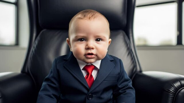 A baby boss in a suit is sitting in an office chair. A baby president is speaking confidently.