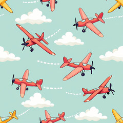 Colorful Cartoon Airplanes and Clouds Illustration: Whimsical Vintage-Style Aviation Design for Children's Room Decor and Summer Travel, Vibrant Playful Sky Patterns and Fabric Prints for Kids