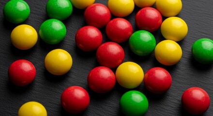 Colorful Gumballs Scattered on Dark Textured Background Red Green Yellow Spheres