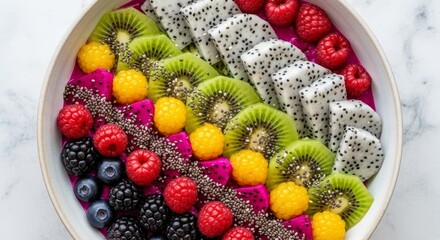 Colorful Fruit Bowl with Exotic Berries Kiwi Dragon Fruit Raspberries Blueberries